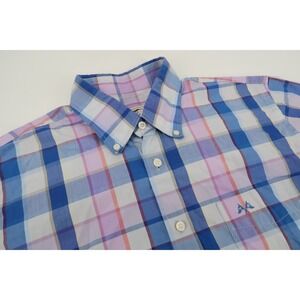 Thomas Burberry Button Down Shirt Mens Large Blue Plaid Short Sleeve Cotton